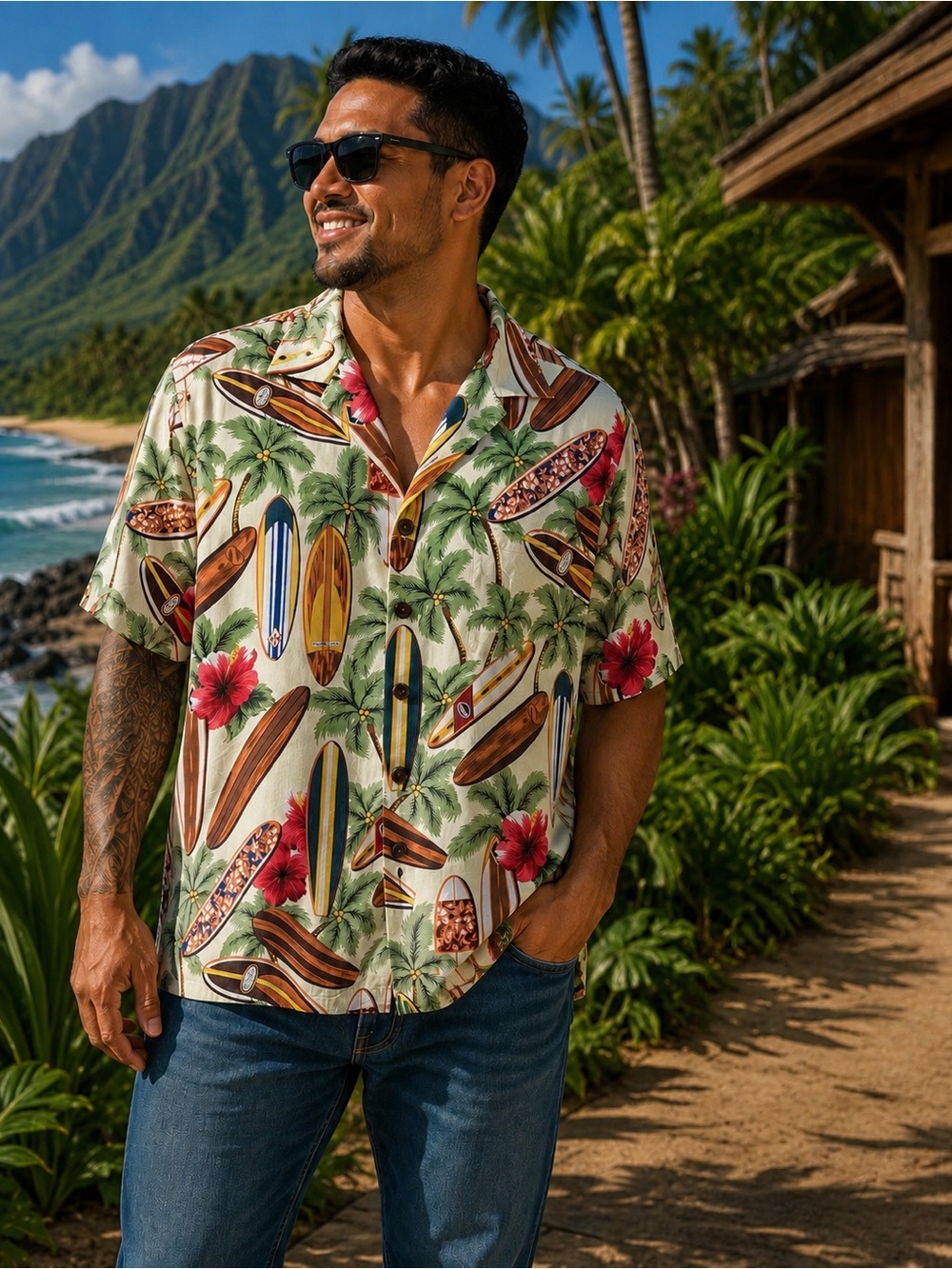 Men's Tropical Surf Print Short-Sleeve Button Down Shirt - Cream Multi